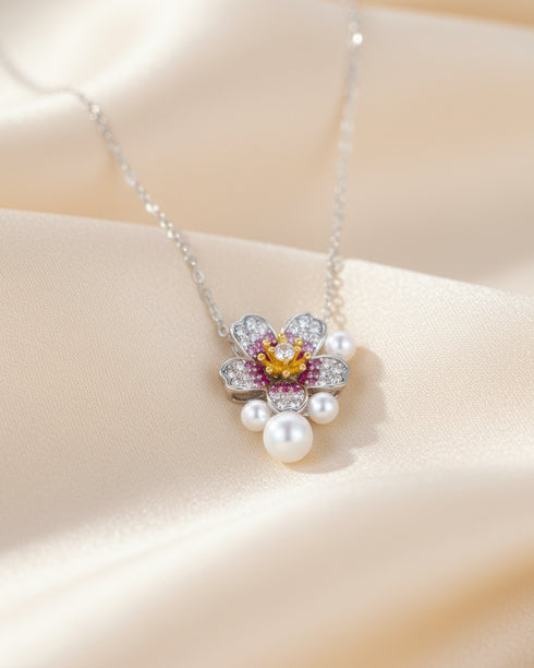 3–7mm Freshwater Pearl Floral Zirconia Pendant Necklace - Necklaces made with hand-selected pearls from House of Pearls