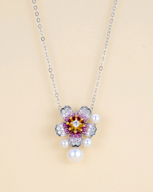 3–7mm Freshwater Pearl Floral Zirconia Pendant Necklace - Necklaces made with hand-selected pearls from House of Pearls