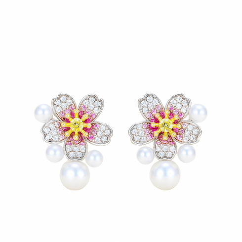 Earrings: floral zirconia studs with 3–7mm freshwater pearls, pair