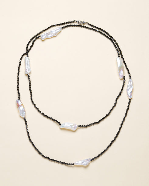 30-inch Black Spinel and White Baroque Pearl Long Necklace with black spinel beads and white baroque pearls