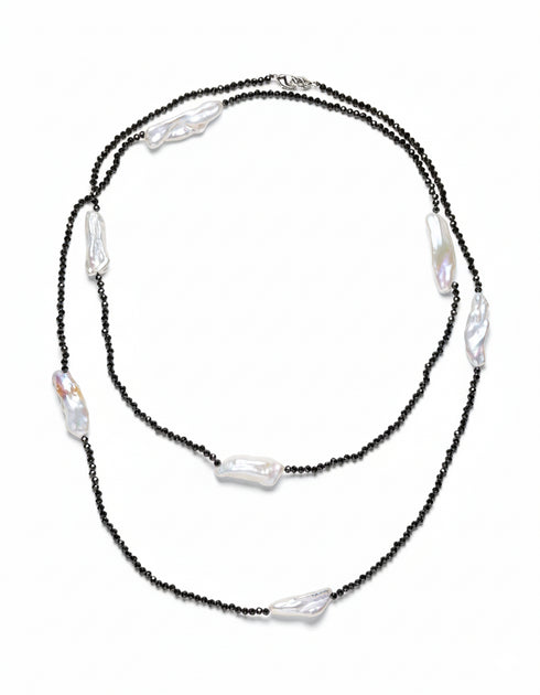 30-inch Black Spinel and White Baroque Pearl Long Necklace - Necklaces made with hand-selected pearls from House of Pearls