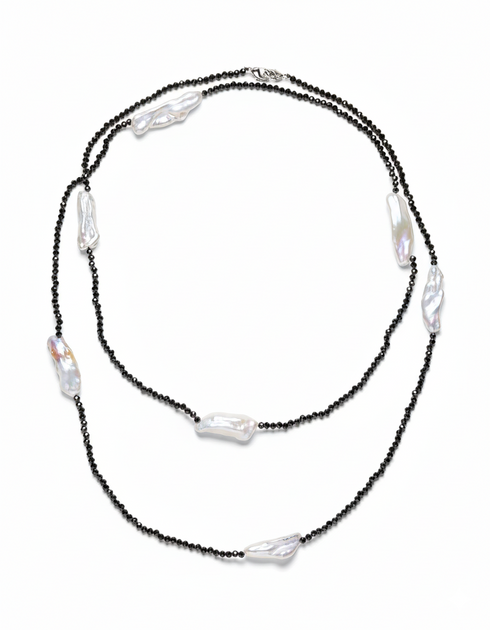30-inch Black Spinel and White Baroque Pearl Long Necklace by House of Pearls