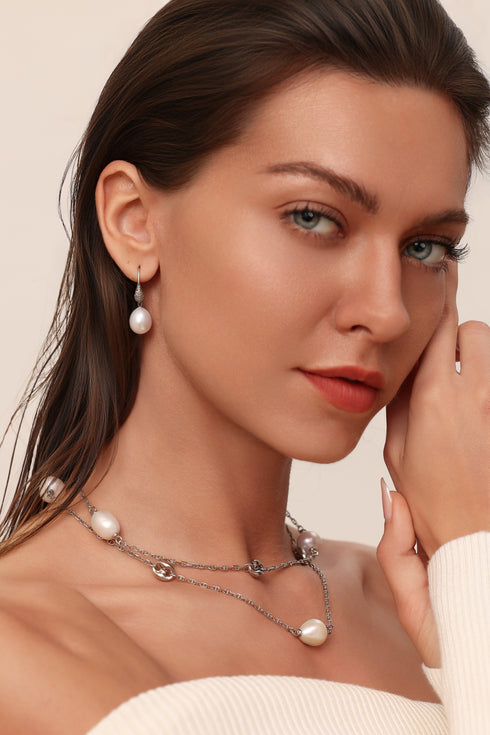 32-Inch Large Baroque Freshwater Pearl Silver Circle Links Necklace