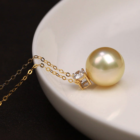 Fairy Drop Golden South Sea Pearl 18K gold pendant necklace with diamond accent by House Of Pearls - JG