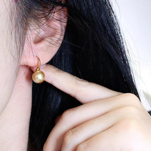 9-10mm Golden South Sea Pearl & Classic Drop Earrings 18K Gold Hooks