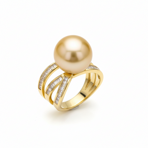 Gold South Sea pearl ring with a 12–13mm golden pearl and a multi-band pave-diamond setting.