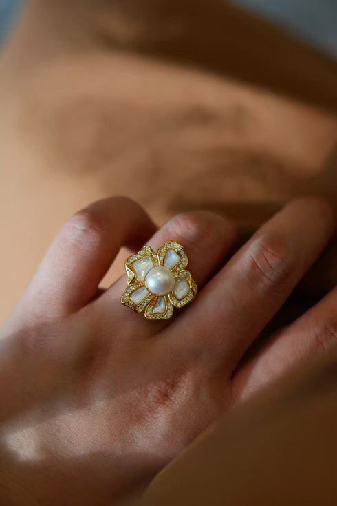 White Shell Flower Pearl Ring - House Of Pearls