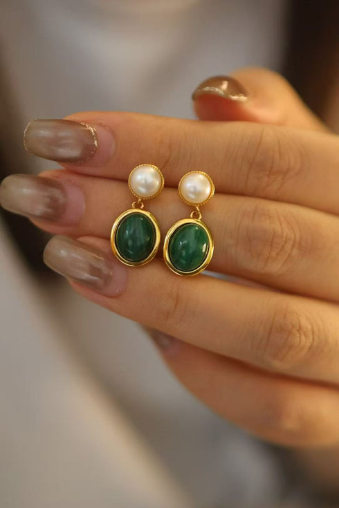 Earrings: House Of Pearls - LXP Oval Malachite Bezel Pearl Drop pair, gold-tone with green malachite and white pearl.