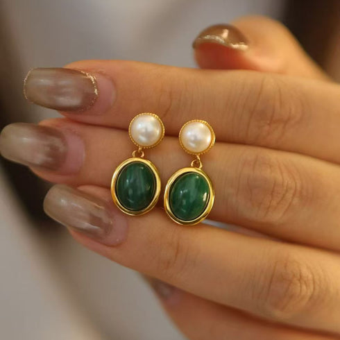 Earrings: House Of Pearls - LXP Oval Malachite Bezel Pearl Drop pair, gold-tone with green malachite and white pearl.