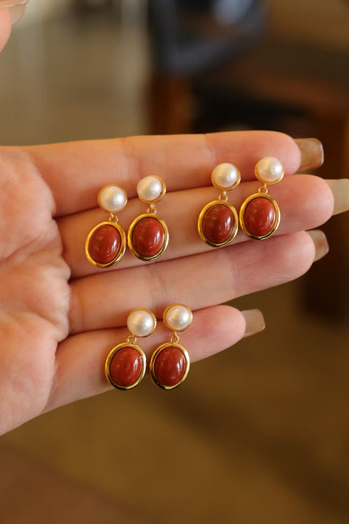 Red Oval Gemstone Pearl Drop Earrings