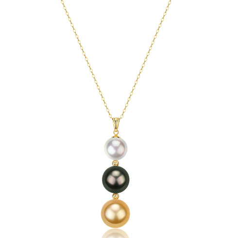 Seawater multicolor triple pearl pendant necklace on gold chain