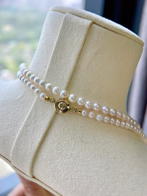 4–5mm Akoya Seawater Pearl Opera Necklace, double-strand white pearls with gold clasp