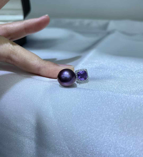 Aurora Iridescent Purple Pearl Ring with Large Amethyst Crystal - House Of Pearls
