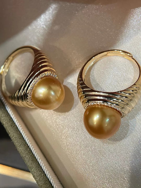 South Sea golden pearl thread ring pair with 10–11mm pearls on textured gold bands by House Of Pearls LC