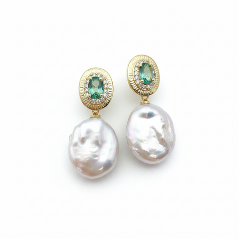 Coin Baroque Freshwater Pearl Drop Emerald Accent Earrings - Earrings made with hand-selected pearls from House of Pearls