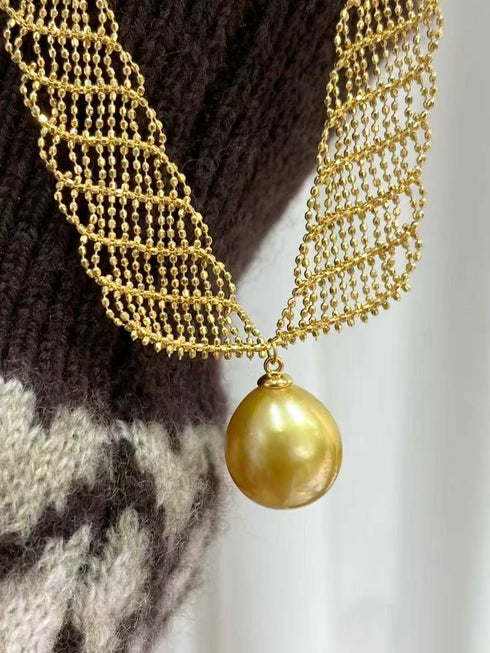 South Sea Golden Pearl Lace Necklace by House of Pearls, gold-tone beaded lace with 13–14mm golden pearl pendant