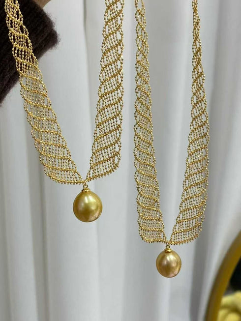 South Sea Golden Pearl Lace Necklace with two 13–14mm pearls on gold mesh strands