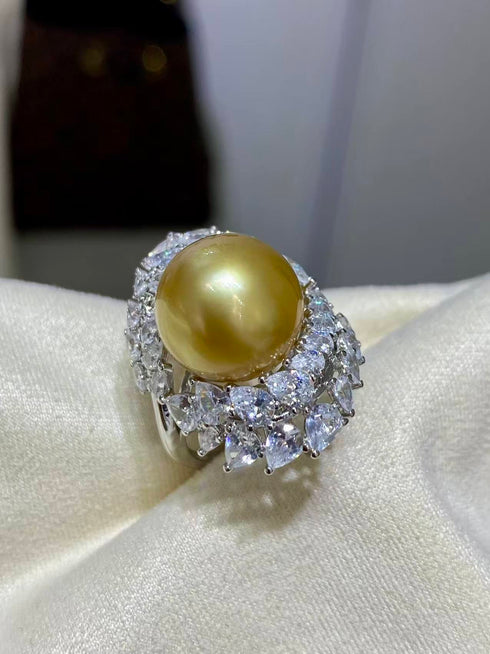 Ring: 12–13mm Golden South Sea pearl with crystal halo in white-gold setting, LAST PIECE