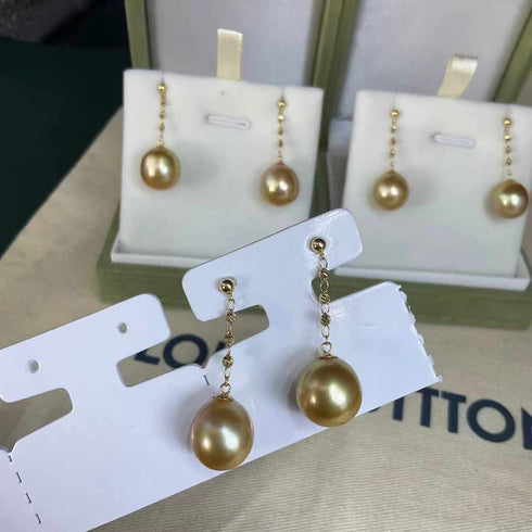11-12mm 18K Gold Golden South Sea Pearl & Opaline Earrings - House Of Pearls