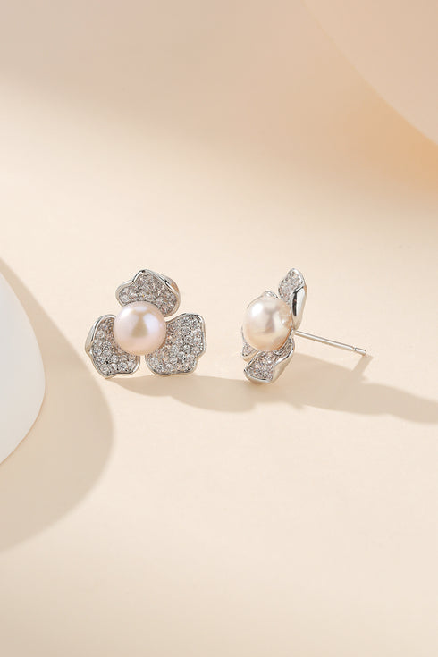 Floral pearl earrings with 5-5.5mm pearls and pavé CZ petals in silver-tone metal; 2-piece set.