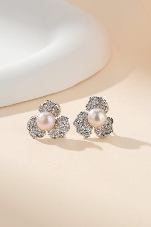 Earrings: flower-shaped studs with pearl centers and pave CZ petals, silver-tone, 2-pack by House Of Pearls