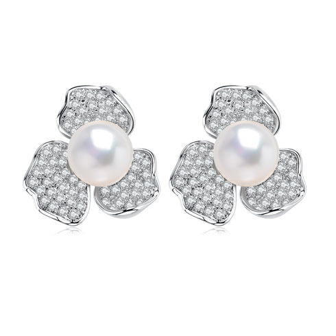 Earrings pair: 5–5.5mm cubic zirconia floral pearl design on silver-tone metal