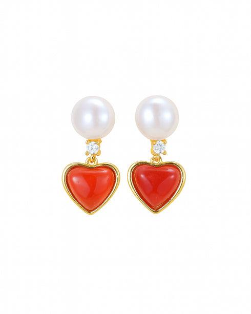 5–6mm Freshwater Button Pearl Red Heart Drop Earrings - Earrings made with hand-selected pearls from House of Pearls
