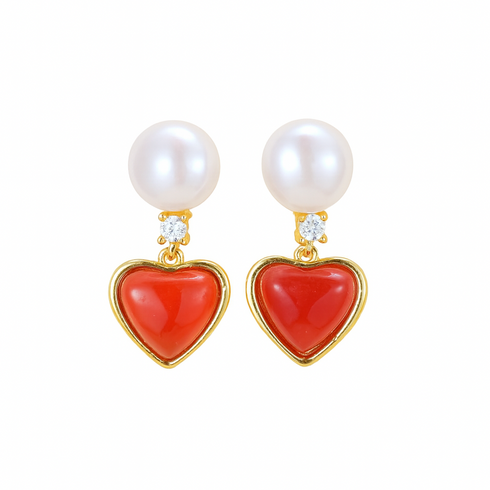 Earrings: 5–6mm freshwater button pearls with red heart drop in gold, 2-piece pair