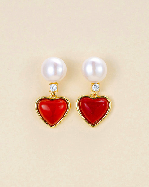 5–6mm Freshwater Button Pearl Red Heart Drop Earrings - Earrings made with hand-selected pearls from House of Pearls