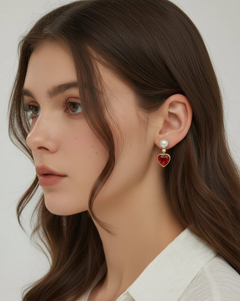5–6mm Freshwater Button Pearl Red Heart Drop Earrings - Earrings made with hand-selected pearls from House of Pearls
