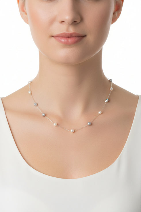 5-6mm Silver & White Pearls Tincup Necklace - Necklaces made with hand-selected pearls from House of Pearls