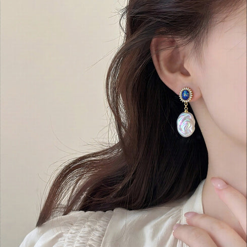 Coin Baroque Freshwater Pearl Drop Blue Opal Accent Earrings - Earrings made with hand-selected pearls from House of Pearls