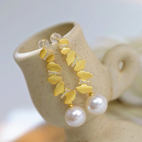 11-12mm Freshwater Pearl & Dancing Butterfly Earrings - House Of Pearls