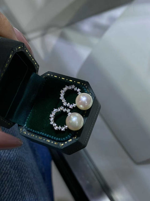 7-8mm White Akoya Pearl CZ Halo Circle Pearl Stud Earrings - Earrings made with hand-selected pearls from House of Pearls