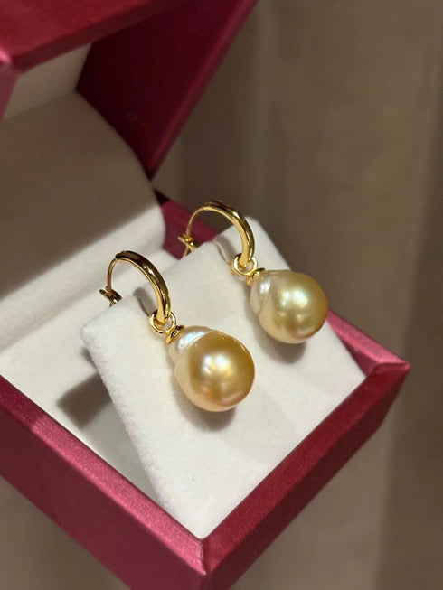 13-14mm Golden South Sea Baroque Pearl Hoop Earrings