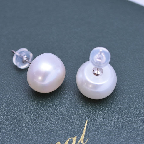 White button freshwater pearl stud earrings, pair with silver posts and backs