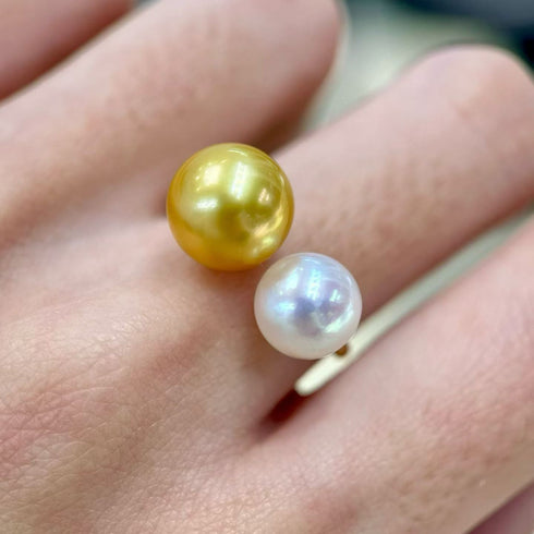 Ring with Golden South Sea and Akoya pearls, two-pearl open ring design