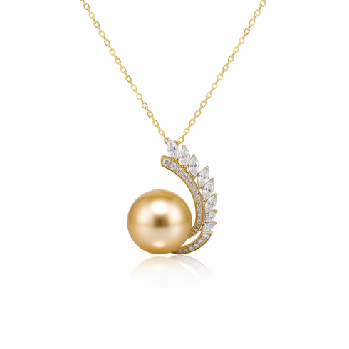South Sea pearl feather pendant necklace in 14K gold featuring a 12–13mm golden pearl