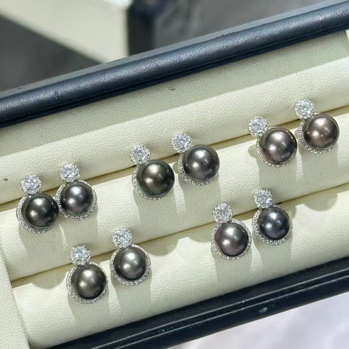 9-10mm Tahitian Pearl & Eline CZ Earrings - House Of Pearls