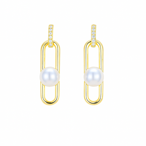 Earrings pair, 6-7mm freshwater pearl link drop, gold-tone with diamond-accented vertical bars