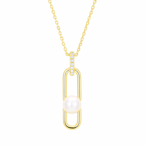 6-7mm Freshwater Pearl Link Pendant Necklace by House of Pearls in gold-tone with diamond-accent bar