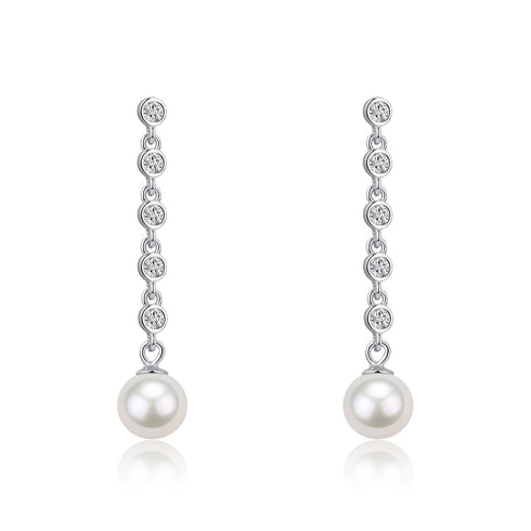 Earrings, pair of 6-7mm freshwater pearl and long drop cubic zirconia, silver-tone, House Of Pearls