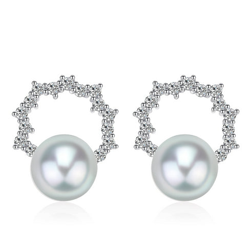 6-7mm Silver Blue Akoya Pearl & Cubic Zirconia Halo Stud Earrings - Earrings made with hand-selected pearls from House of Pearls