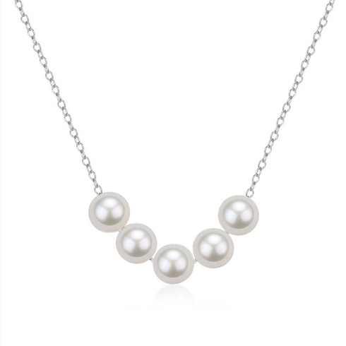 Freshwater pearl necklace with five 6-7mm white pearls on a sterling silver chain.