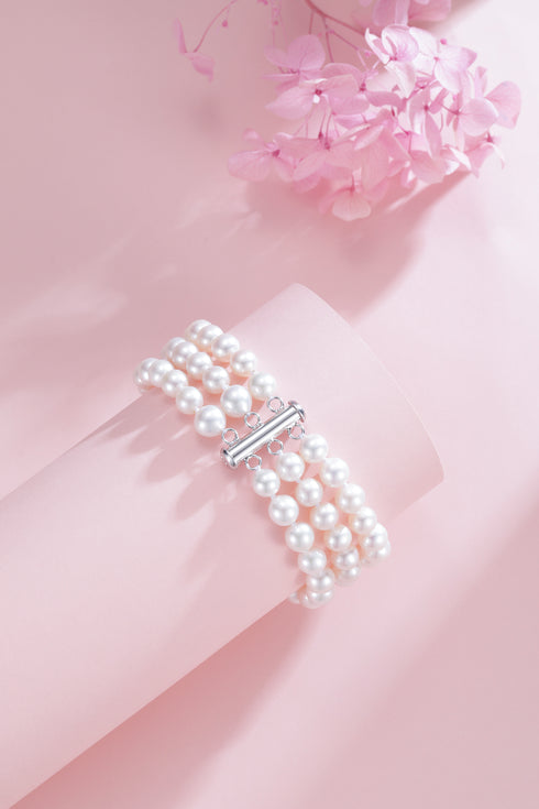 6-7mm Triple Strand White Freshwater Pearl Necklace and Bracelet Set (Purchase Individually) - Bracelets made with hand-selected pearls from House of Pearls