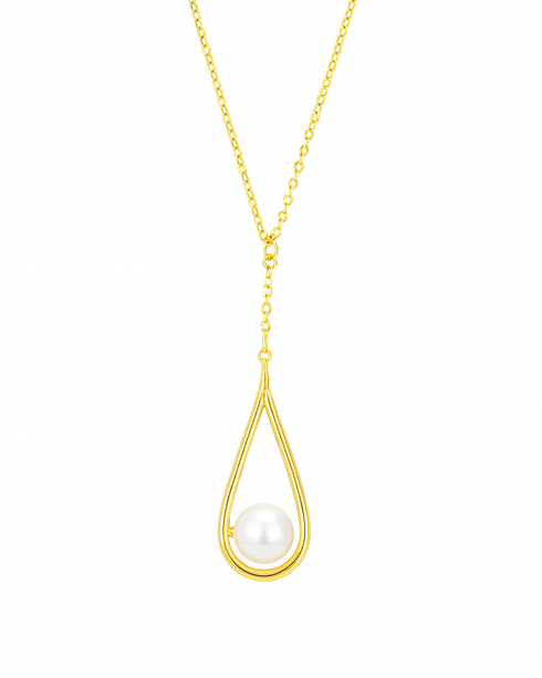 Pearl teardrop pendant necklace, white freshwater 6-7mm pearls on a gold chain.