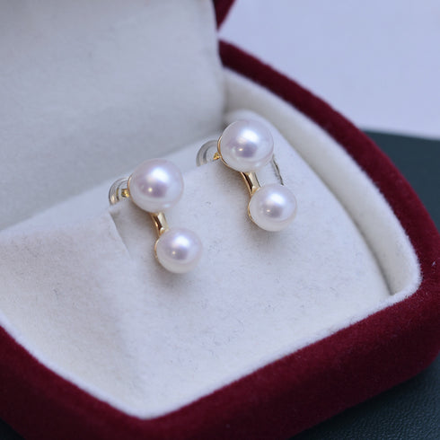 Earrings 6-8mm freshwater pearls, dual-pearl design on gold-tone settings; pair