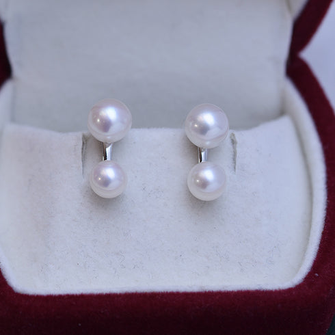 Earrings, pair of 6-8mm freshwater pearl dual-stud, white pearls, House Of Pearls