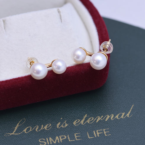 Earrings, 6-8mm freshwater pearl dual-drop on gold-tone stems, 2 earrings
