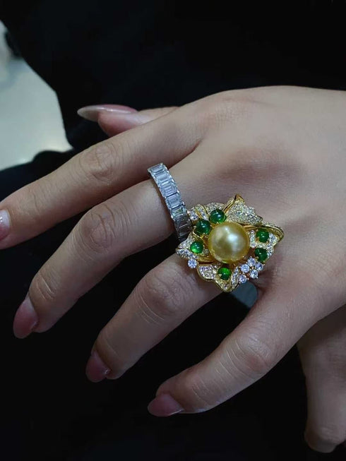12mm Golden South Sea Pearl Flower Ring in yellow gold with green stones and diamond halo by House of Pearls MZ